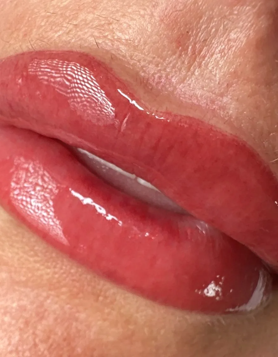 A fresh lip blush result, colour worked in evenly